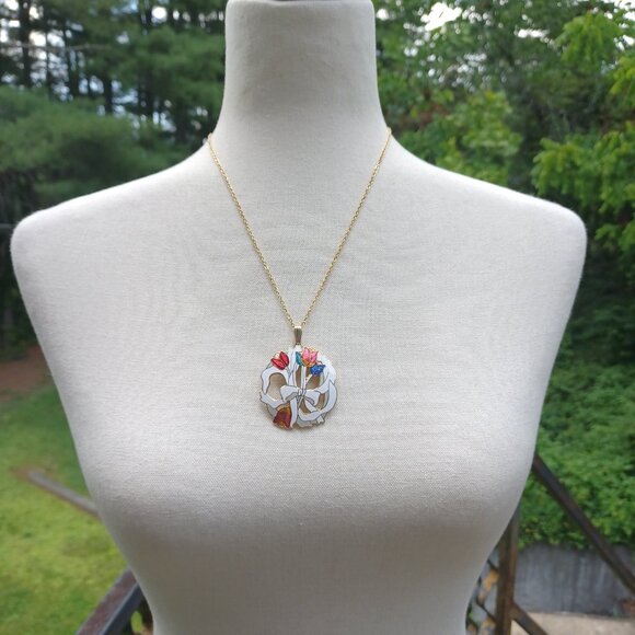 Vintage 80s Cloisonne Enameled Pendant Necklace - Picture 2 of 4